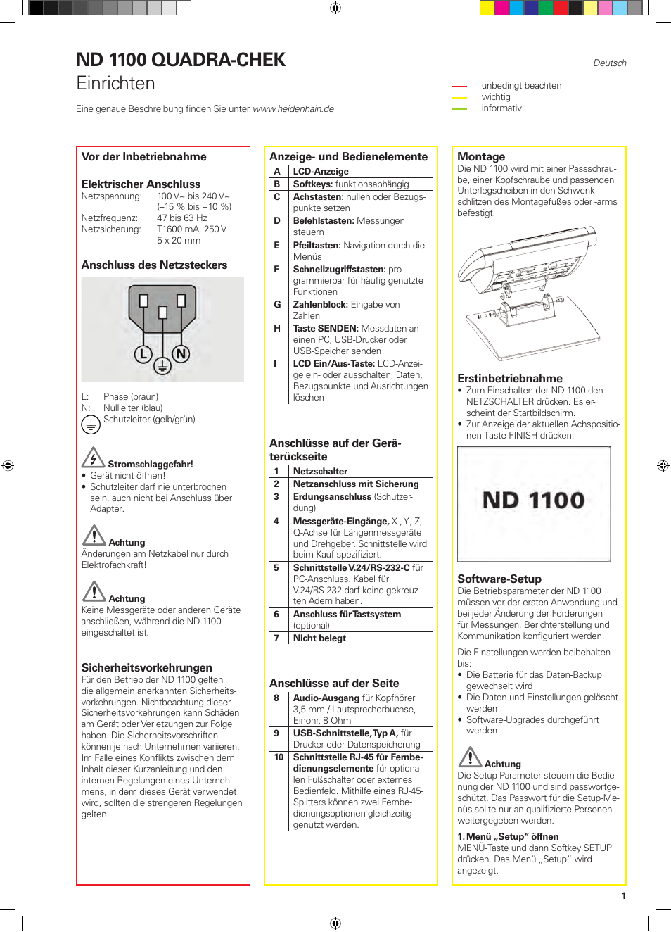 02_nd1100_de, Nd 1100 quadra-chek, Einrichten | HEIDENHAIN ND 1100 Quick Start User Manual | Page 5 / 36