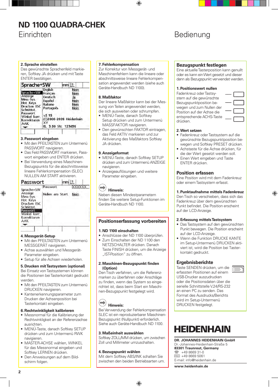 Bedienung nd 1100 quadra-chek einrichten | HEIDENHAIN ND 1100 Quick Start User Manual | Page 6 / 36