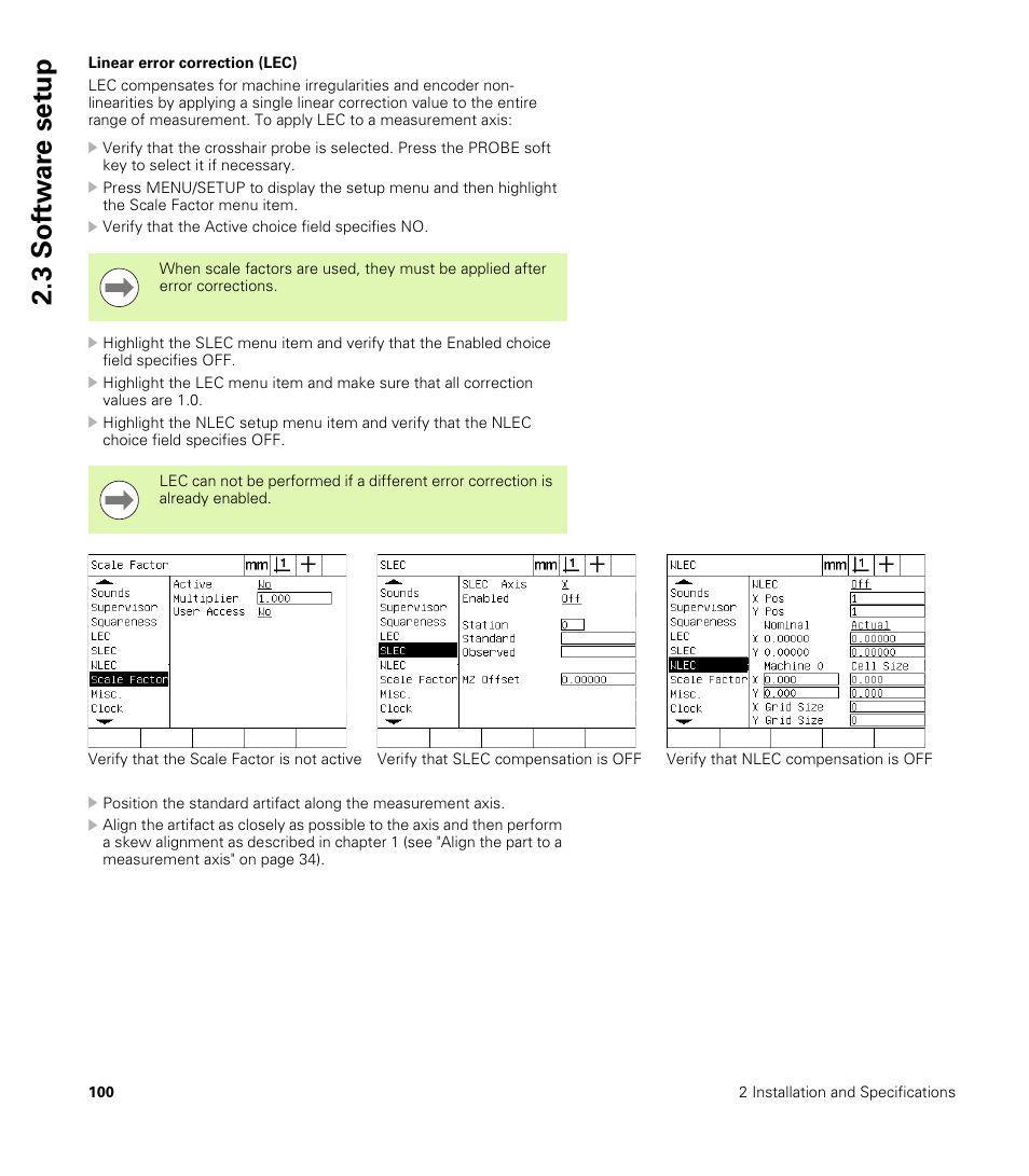 Linear error correction (lec), 3 sof tw a re set u p | HEIDENHAIN ND 1200 User Manual | Page 100 / 141