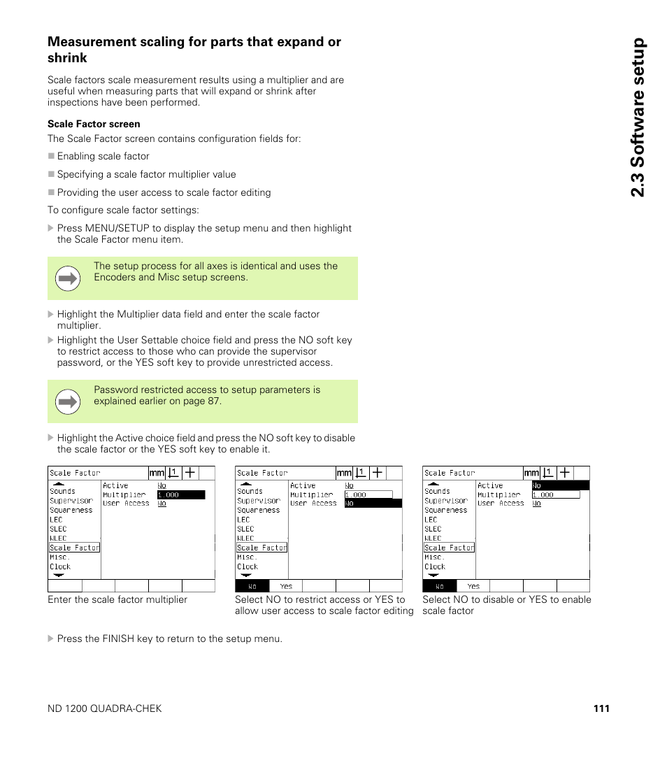 Scale factor screen, 3 sof tw a re set u p | HEIDENHAIN ND 1200 User Manual | Page 111 / 141