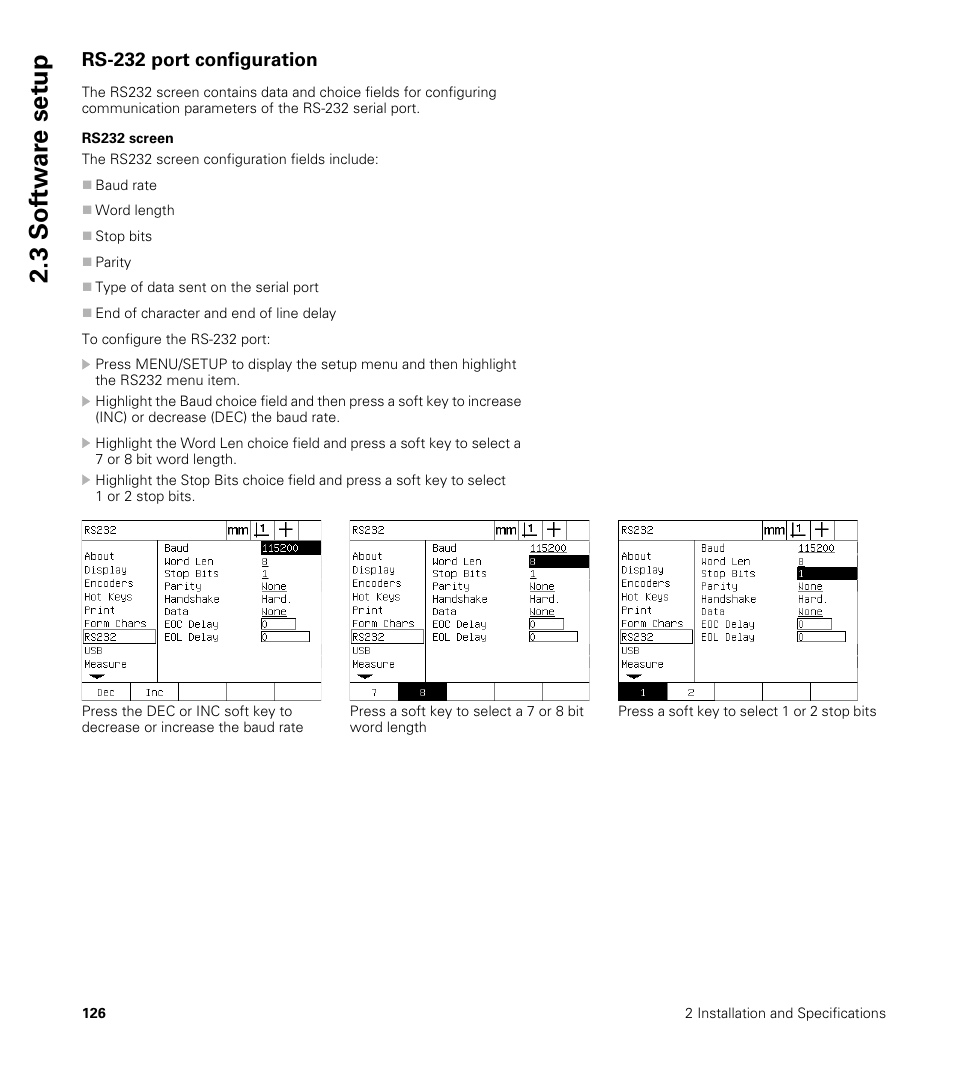 Rs-232 port configuration, Rs232 screen, 3 sof tw a re set u p | HEIDENHAIN ND 1200 User Manual | Page 126 / 141