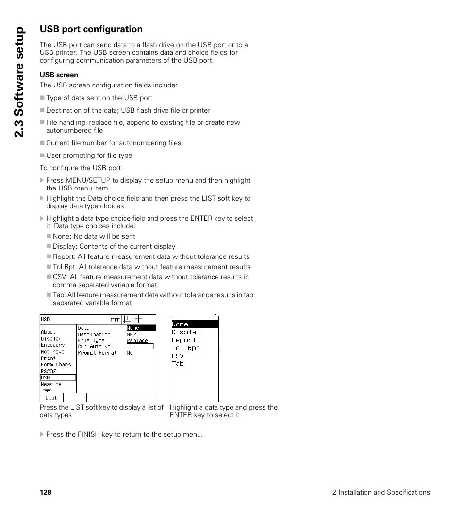 Usb port configuration, Usb screen, 3 sof tw a re set u p | HEIDENHAIN ND 1200 User Manual | Page 128 / 141