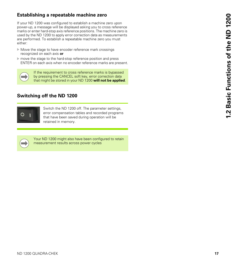 Establishing a repeatable machine zero, Switching off the nd 1200 | HEIDENHAIN ND 1200 User Manual | Page 17 / 141