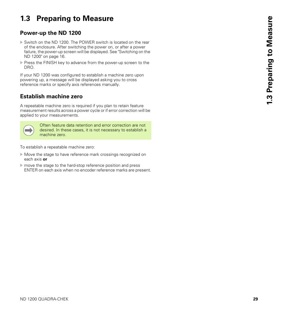 3 preparing to measure, Power-up the nd 1200, Establish machine zero | Power-up the nd 1200 establish machine zero | HEIDENHAIN ND 1200 User Manual | Page 29 / 141
