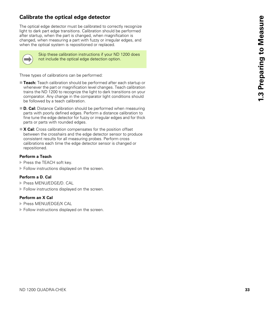 Calibrate the optical edge detector, Perform a teach perform a d. cal perform an x cal, 3 pr epar ing t o measur e | HEIDENHAIN ND 1200 User Manual | Page 33 / 141