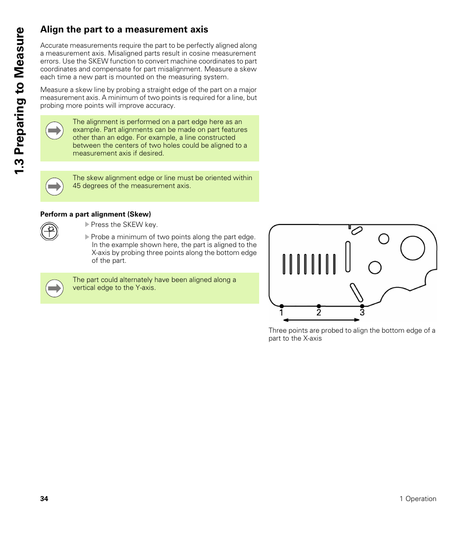 Align the part to a measurement axis, Perform a part alignment (skew), 3 pr epar ing t o measur e | HEIDENHAIN ND 1200 User Manual | Page 34 / 141