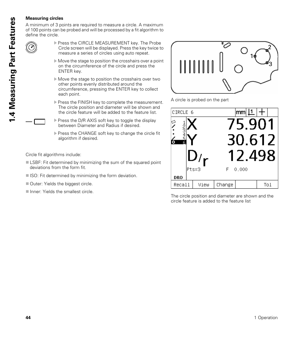 Measuring circles, 4 measur ing p a rt f e at ur es | HEIDENHAIN ND 1200 User Manual | Page 44 / 141