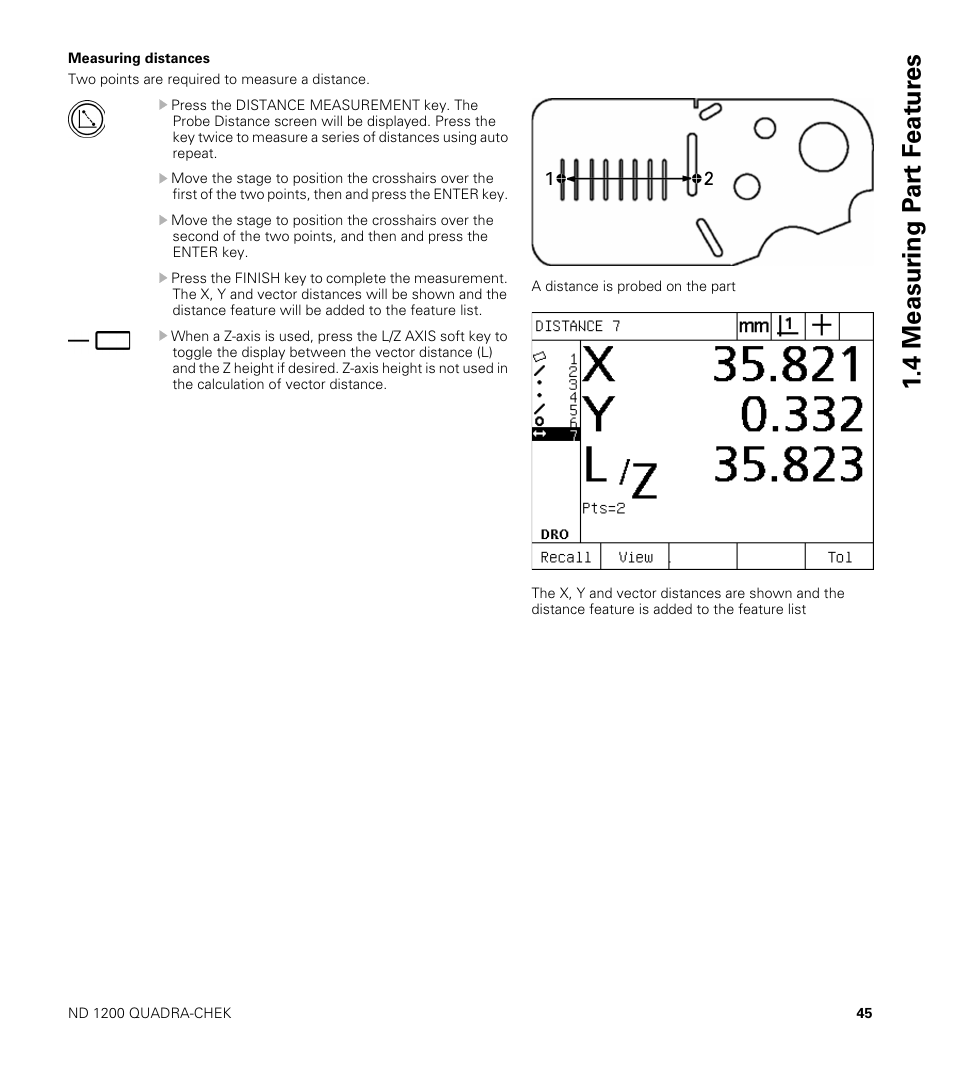 Measuring distances, 4 measur ing p a rt f e at ur es | HEIDENHAIN ND 1200 User Manual | Page 45 / 141