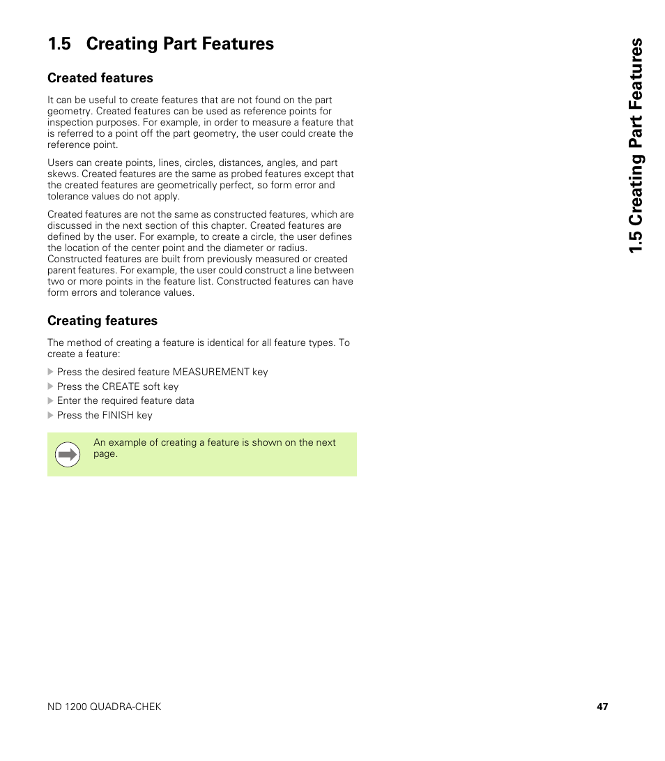5 creating part features, Created features, Creating features | Created features creating features | HEIDENHAIN ND 1200 User Manual | Page 47 / 141