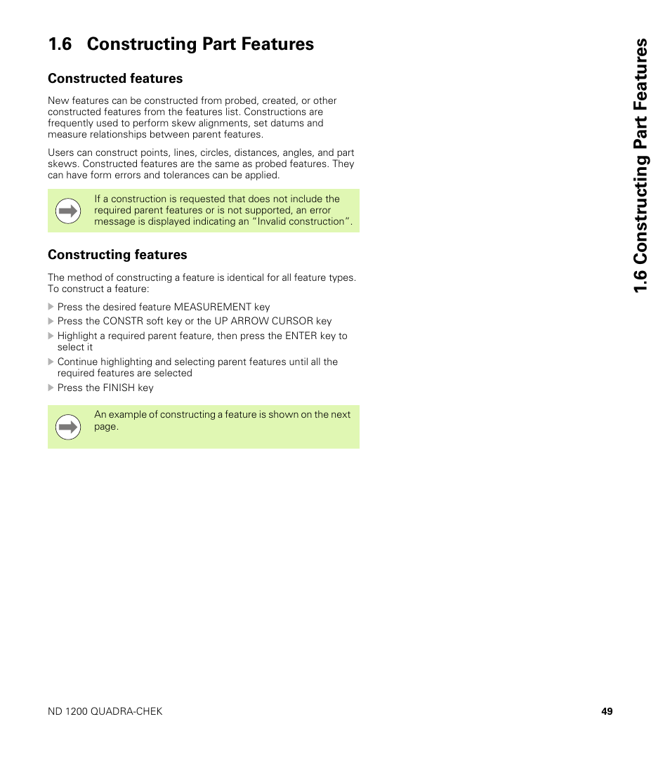 6 constructing part features, Constructed features, Constructing features | Constructed features constructing features | HEIDENHAIN ND 1200 User Manual | Page 49 / 141