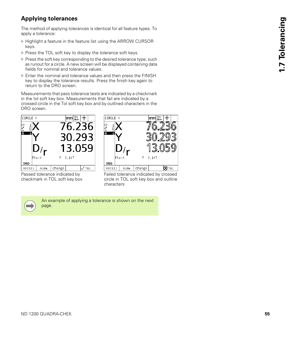 Applying tolerances, 7 t o ler a ncing | HEIDENHAIN ND 1200 User Manual | Page 55 / 141