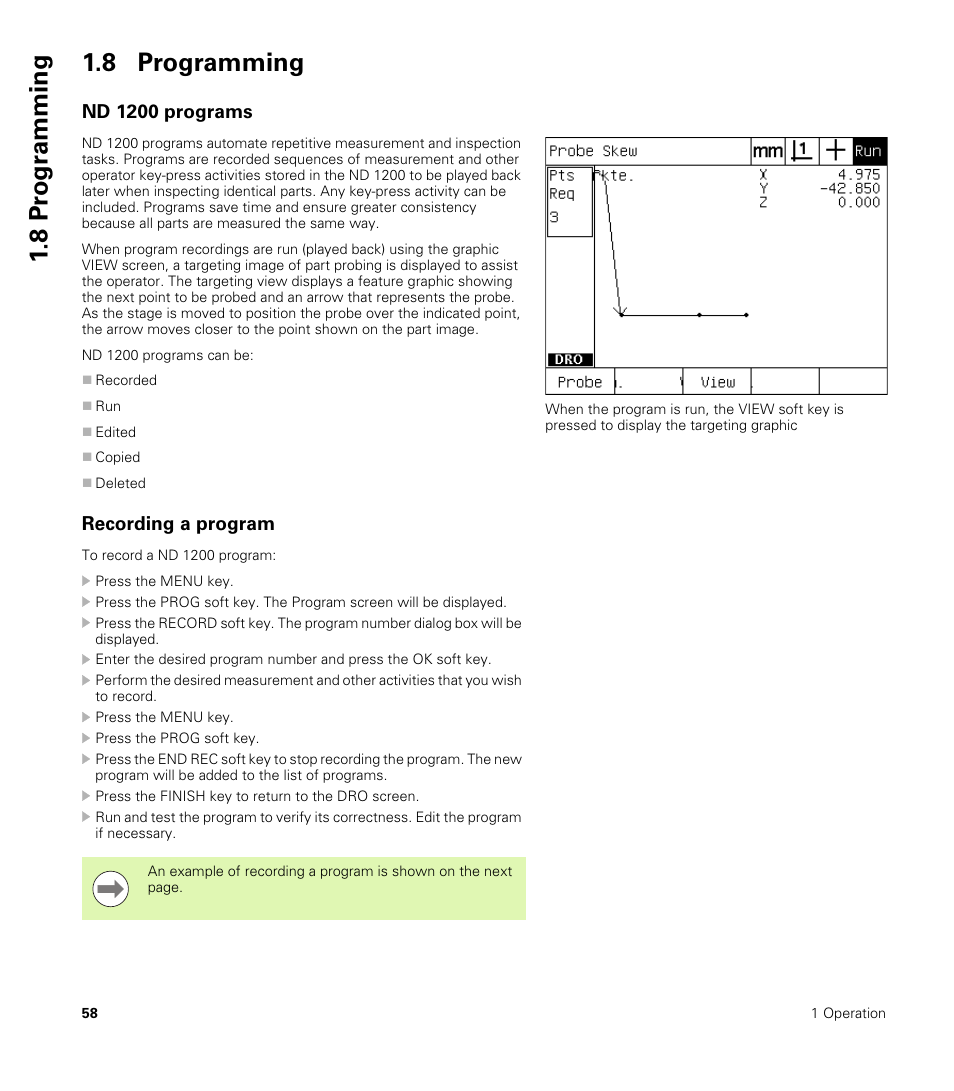 8 programming, Nd 1200 programs, Recording a program | Nd 1200 programs recording a program, 8 pr ogr amming 1.8 programming | HEIDENHAIN ND 1200 User Manual | Page 58 / 141