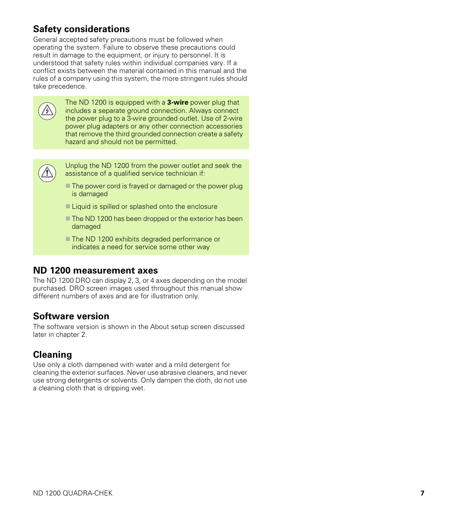 Safety considerations, Nd 1200 measurement axes, Software version | Cleaning | HEIDENHAIN ND 1200 User Manual | Page 7 / 141