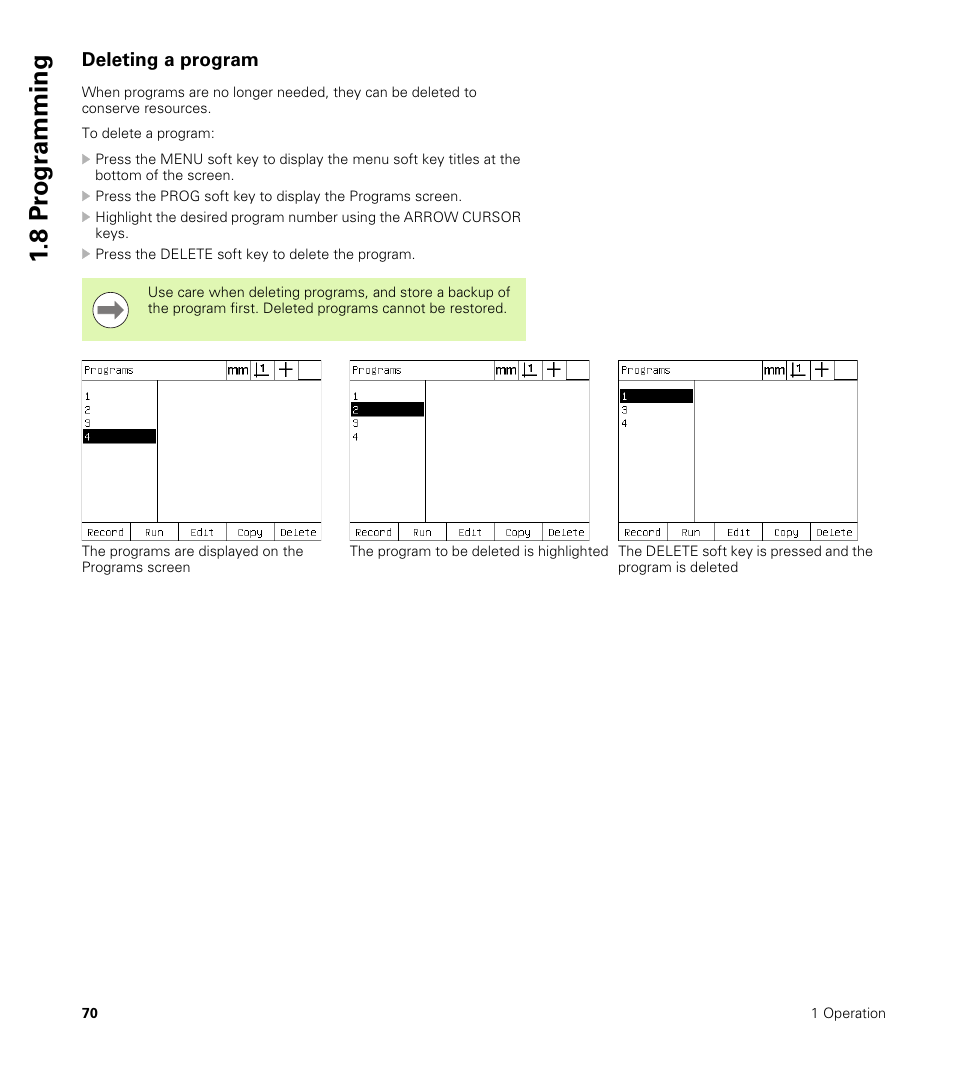 Deleting a program, 8 pr ogr amming | HEIDENHAIN ND 1200 User Manual | Page 70 / 141