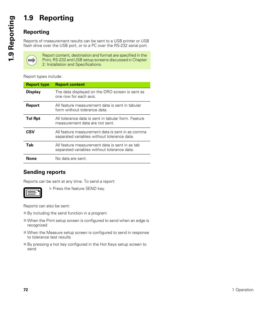 9 reporting, Reporting, Sending reports | Reporting sending reports, 9 repor ting 1.9 reporting | HEIDENHAIN ND 1200 User Manual | Page 72 / 141