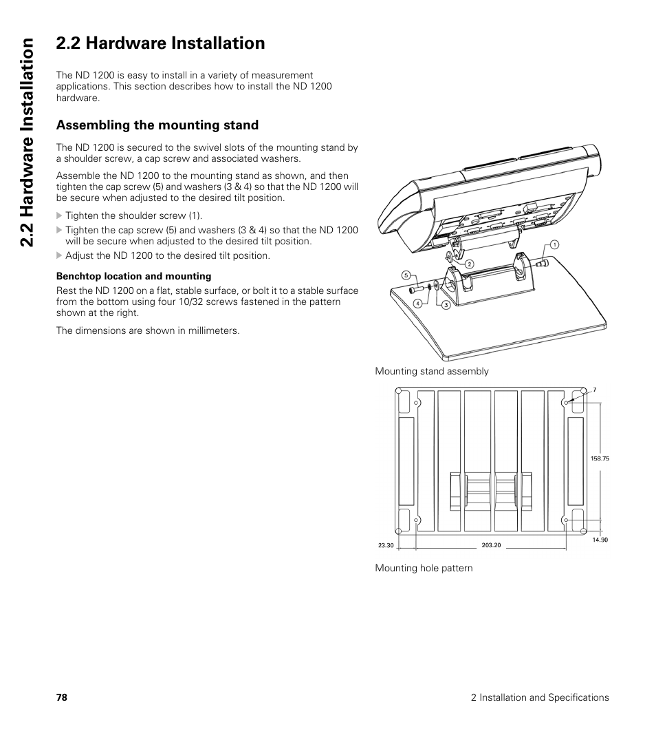 2 hardware installation, Assembling the mounting stand, Benchtop location and mounting | HEIDENHAIN ND 1200 User Manual | Page 78 / 141