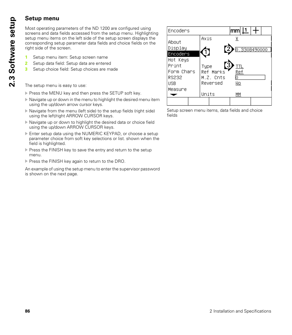 Setup menu, 3 sof tw a re set u p | HEIDENHAIN ND 1200 User Manual | Page 86 / 141