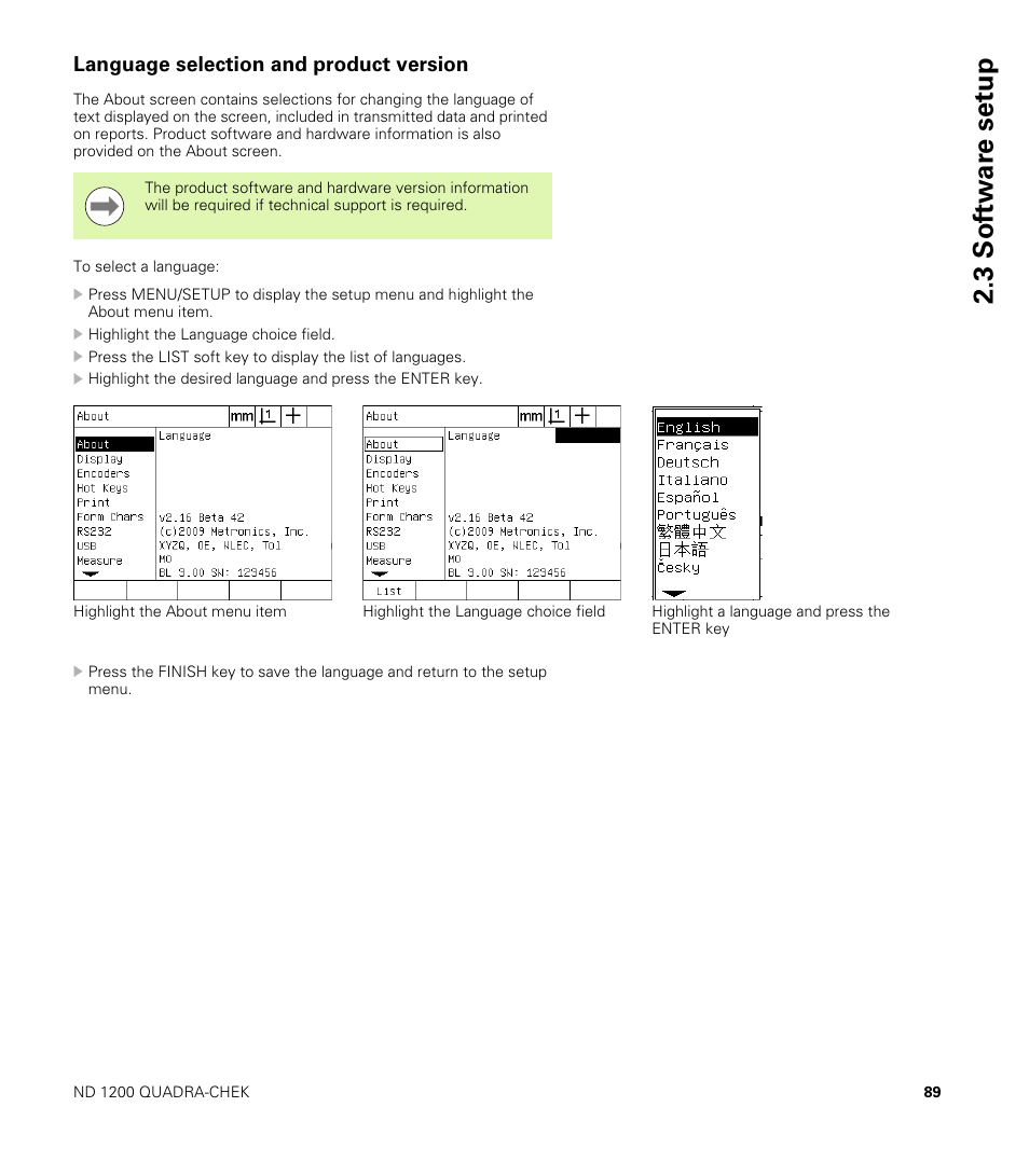 Language selection and product version, 3 sof tw a re set u p | HEIDENHAIN ND 1200 User Manual | Page 89 / 141