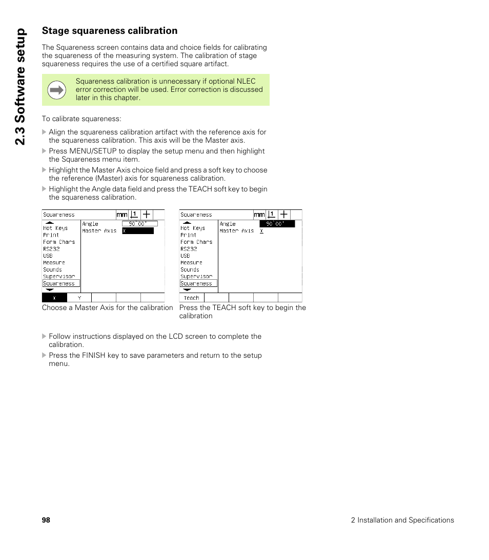 Stage squareness calibration, 3 sof tw a re set u p | HEIDENHAIN ND 1200 User Manual | Page 98 / 141