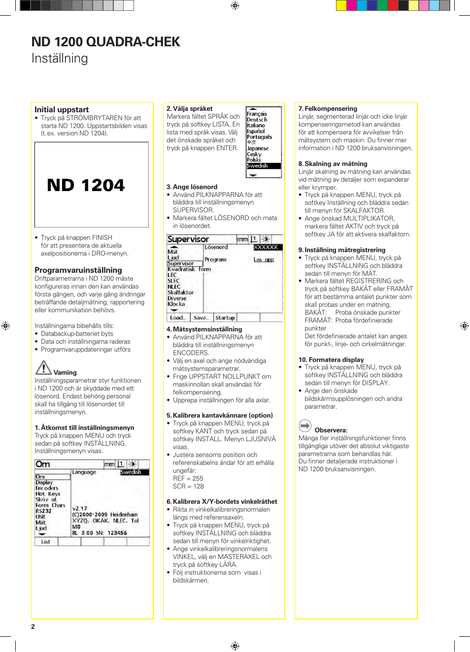 Nd 1200 quadra-chek inställning | HEIDENHAIN ND 1200 Quick Start User Manual | Page 24 / 64