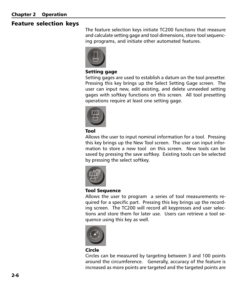 Feature selection keys 2-6, Setting gage 2-6, Tool 2-6 | Tool sequence 2-6, Circle, Feature selection keys, Setting gage, Tool, Tool sequence, Circle -6 | HEIDENHAIN ND 1200T User Manual | Page 32 / 107