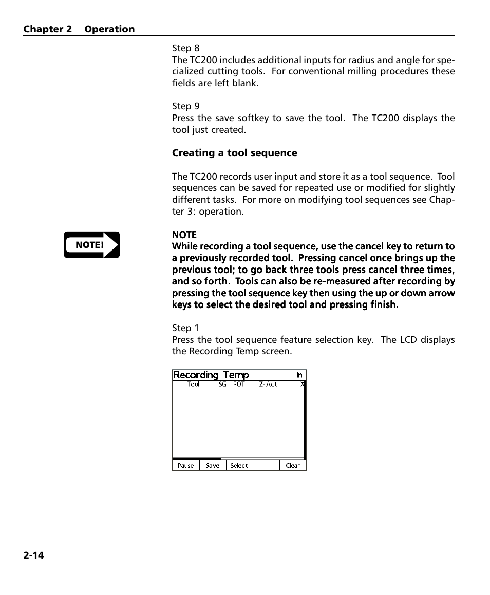 Creating a tool sequence 2-14, Recording temp screen, Tool sequence | HEIDENHAIN ND 1200T User Manual | Page 40 / 107