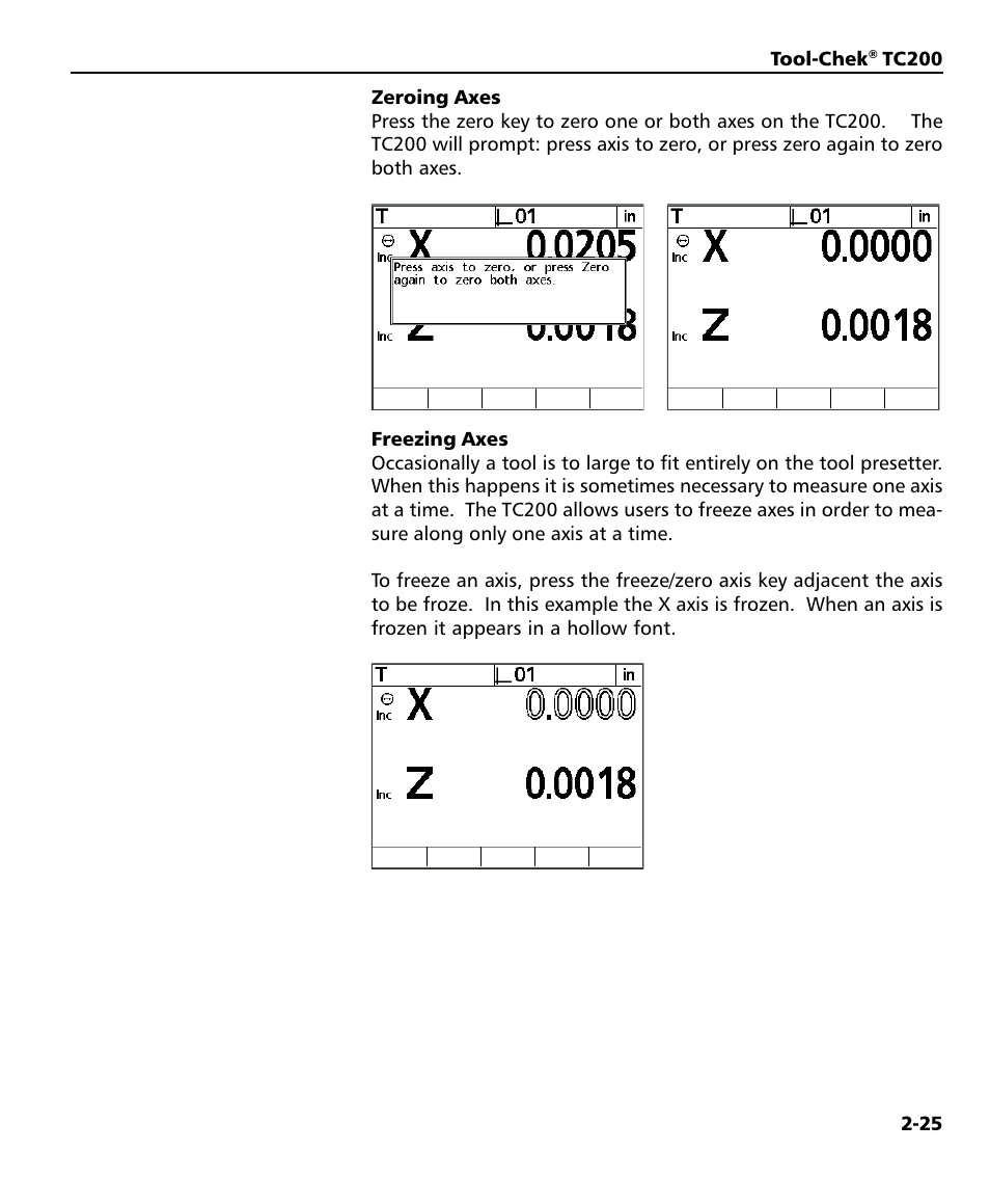 Zeroing axes 2-25, Freezing axes 2-25, Freezing axes | Zeroing axes | HEIDENHAIN ND 1200T User Manual | Page 51 / 107