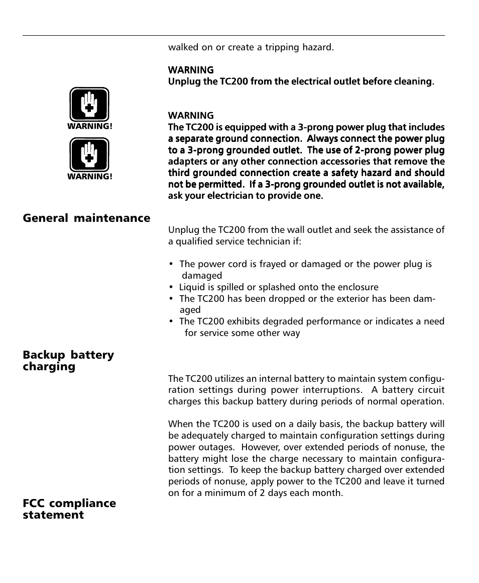 Battery, Fcc compliance statement, Maintenance | General maintenance, Backup battery charging | HEIDENHAIN ND 1200T User Manual | Page 6 / 107