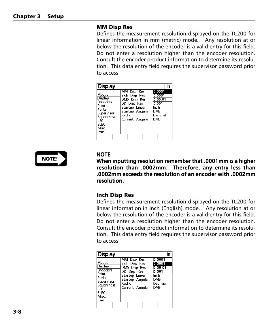 Mm disp res 3-8, Inch disp res 3-8, Inch disp res | Mm disp res | HEIDENHAIN ND 1200T User Manual | Page 60 / 107