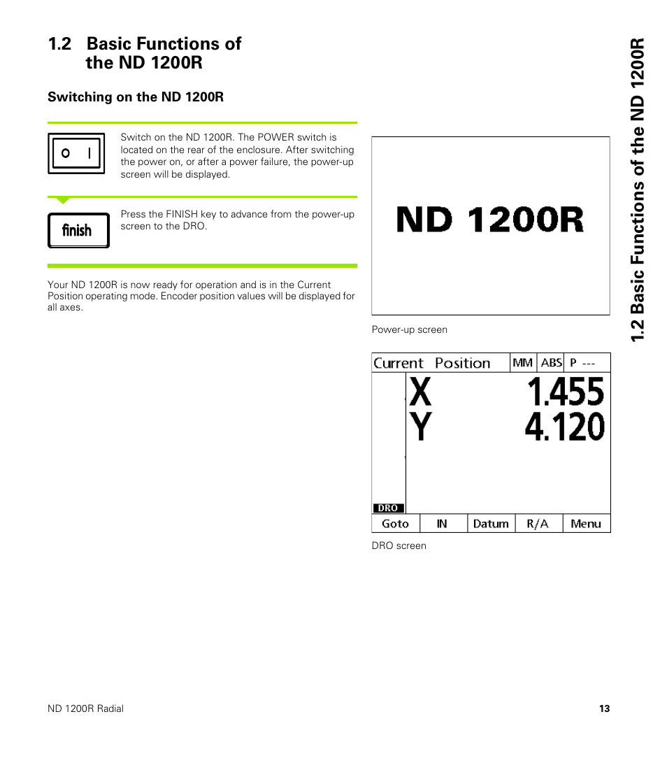 2 basic functions of the nd 1200r, Switching on the nd 1200r | HEIDENHAIN ND 1200R User Manual | Page 13 / 98