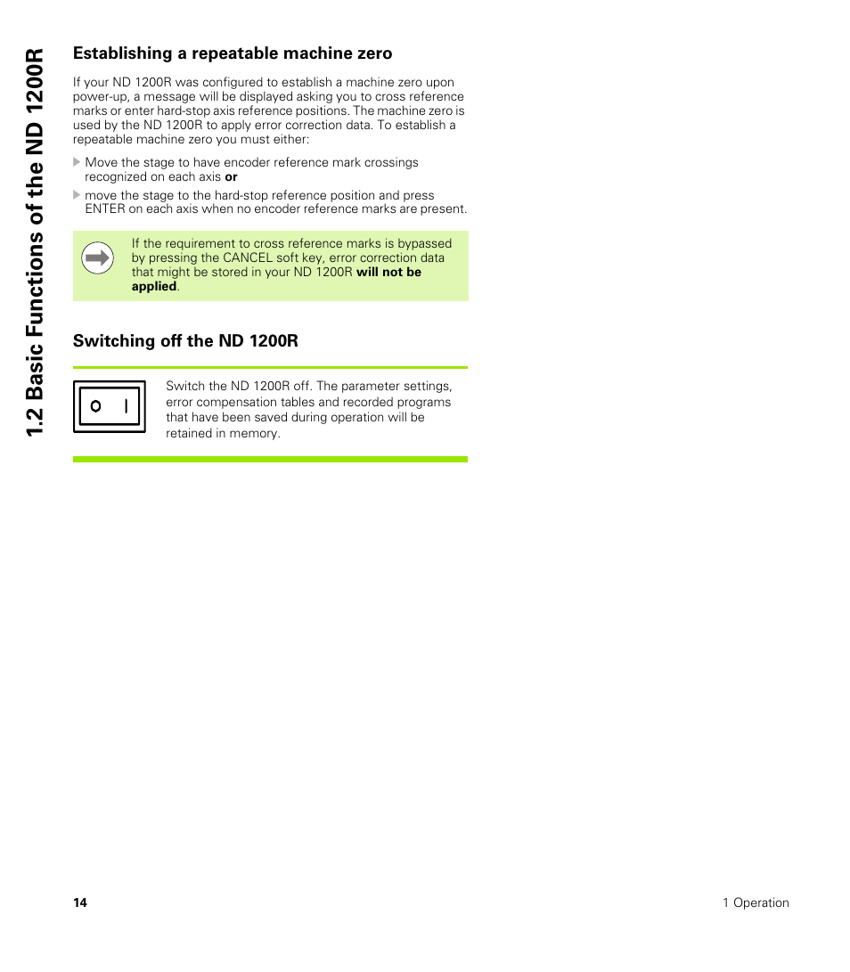 Establishing a repeatable machine zero, Switching off the nd 1200r | HEIDENHAIN ND 1200R User Manual | Page 14 / 98