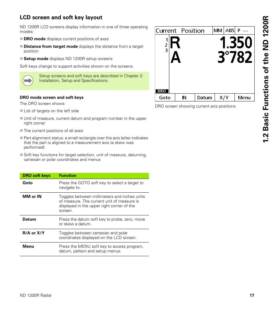 Lcd screen and soft key layout, Dro mode screen and soft keys | HEIDENHAIN ND 1200R User Manual | Page 17 / 98