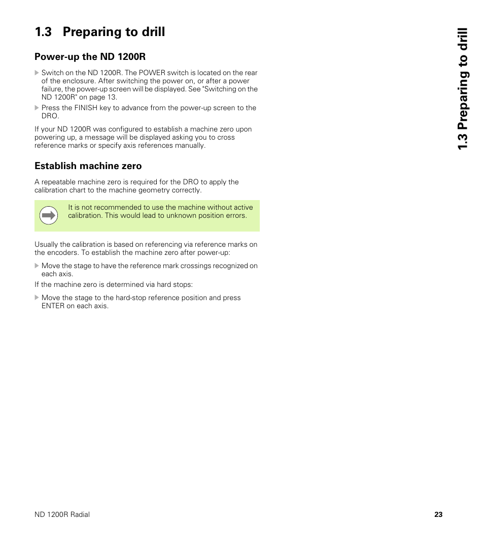 3 preparing to drill, Power-up the nd 1200r, Establish machine zero | Power-up the nd 1200r establish machine zero, 3 pr epar ing t o dr ill 1.3 preparing to drill | HEIDENHAIN ND 1200R User Manual | Page 23 / 98