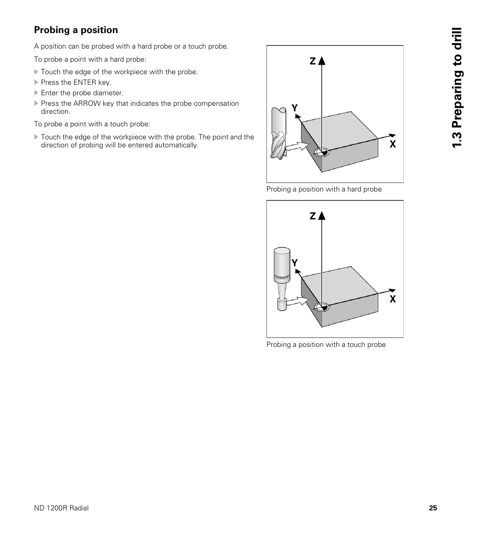 Probing a position, 3 pr epar ing t o dr ill | HEIDENHAIN ND 1200R User Manual | Page 25 / 98