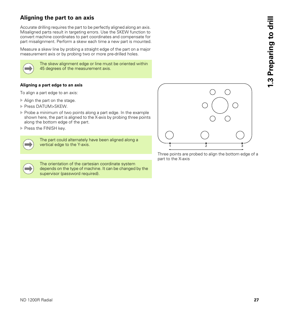 Aligning the part to an axis, 3 pr epar ing t o dr ill | HEIDENHAIN ND 1200R User Manual | Page 27 / 98