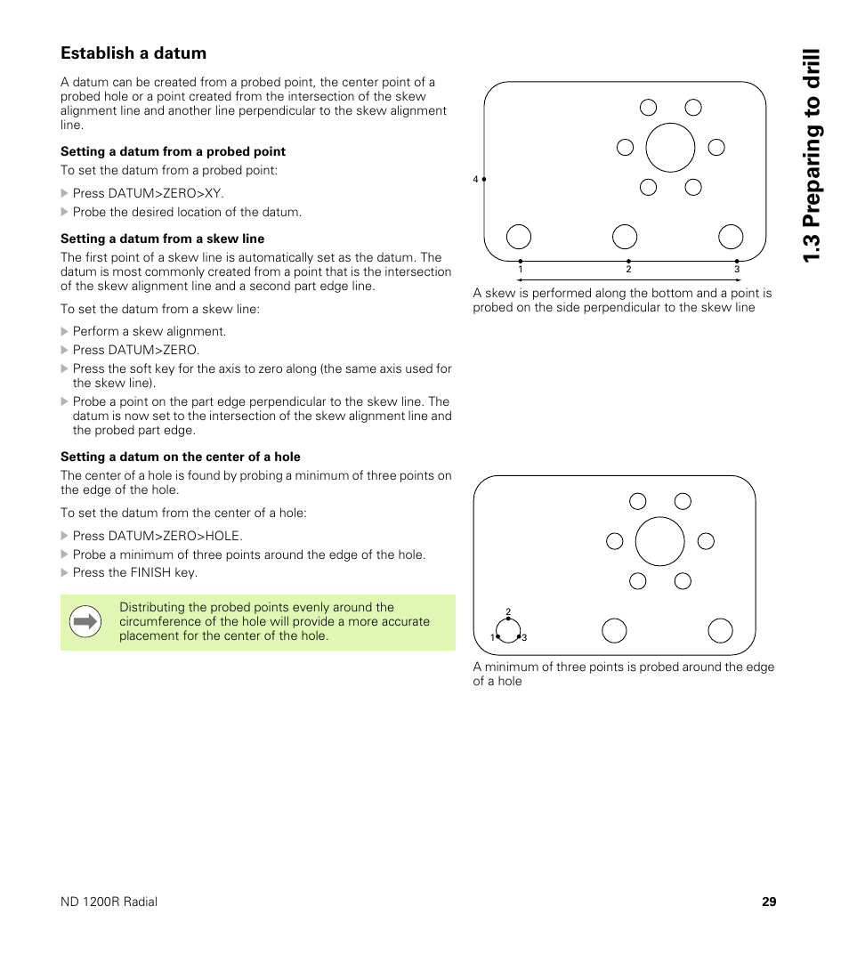 Establish a datum, 3 pr epar ing t o dr ill | HEIDENHAIN ND 1200R User Manual | Page 29 / 98