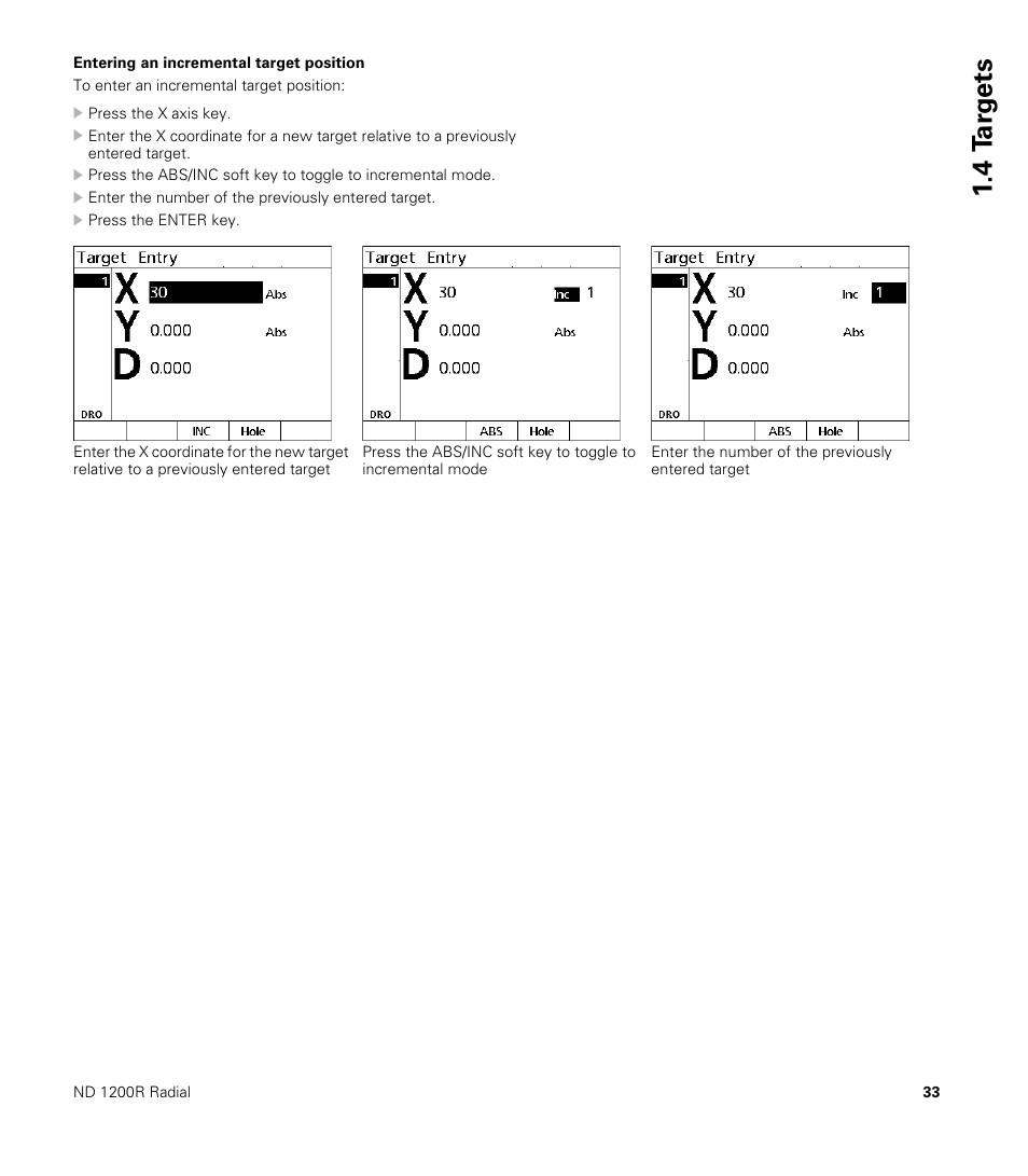 Entering an incremental target position, 4 t a rg e ts | HEIDENHAIN ND 1200R User Manual | Page 33 / 98