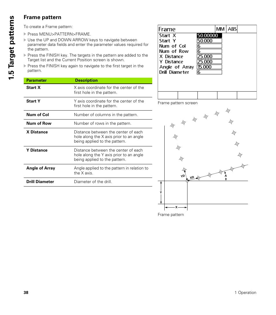 Frame pattern, 5 t a rg et pat ter ns | HEIDENHAIN ND 1200R User Manual | Page 38 / 98