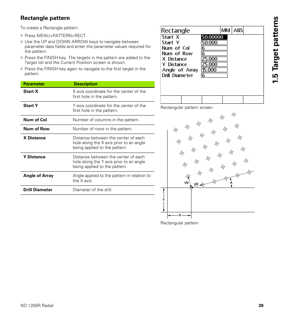 Rectangle pattern, 5 t a rg et pat ter ns | HEIDENHAIN ND 1200R User Manual | Page 39 / 98