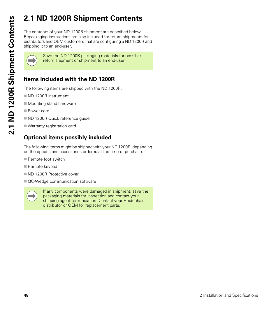 1 nd 1200r shipment contents, Items included with the nd 1200r, Optional items possibly included | HEIDENHAIN ND 1200R User Manual | Page 48 / 98