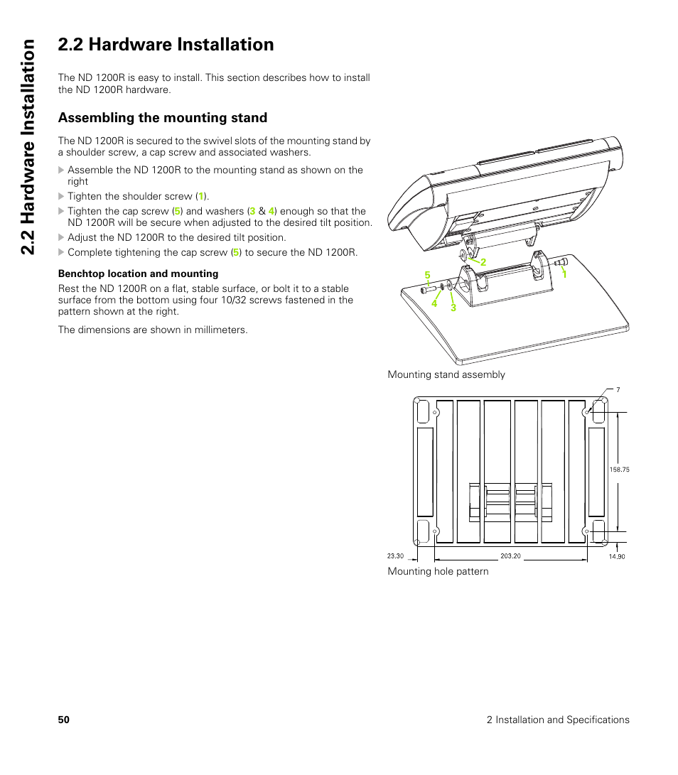 2 hardware installation, Assembling the mounting stand, Benchtop location and mounting | HEIDENHAIN ND 1200R User Manual | Page 50 / 98