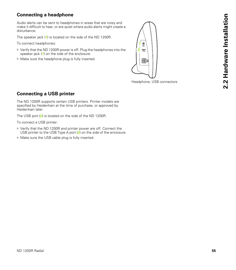 Connecting a headphone, Connecting a usb printer, Connecting a headphone connecting a usb printer | HEIDENHAIN ND 1200R User Manual | Page 55 / 98