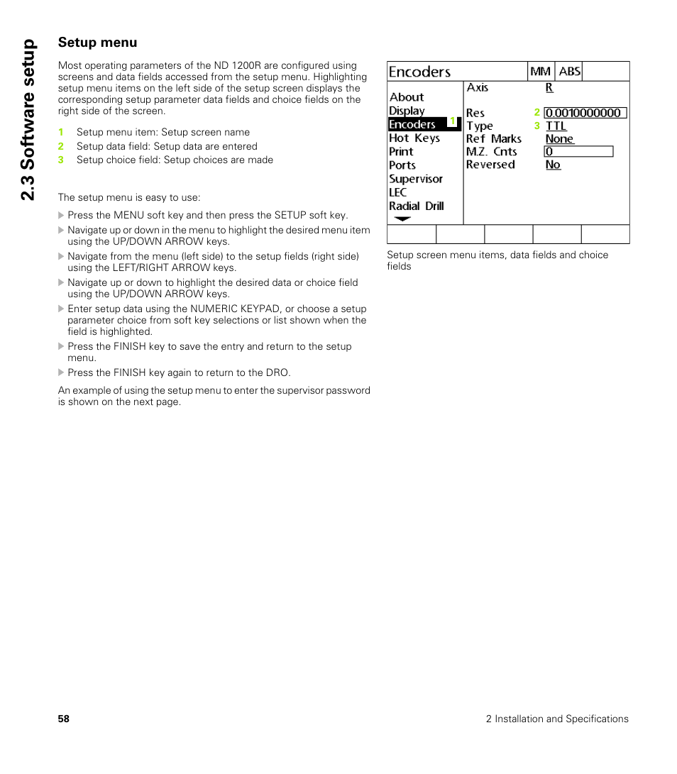 Setup menu, 3 sof tw a re set u p | HEIDENHAIN ND 1200R User Manual | Page 58 / 98