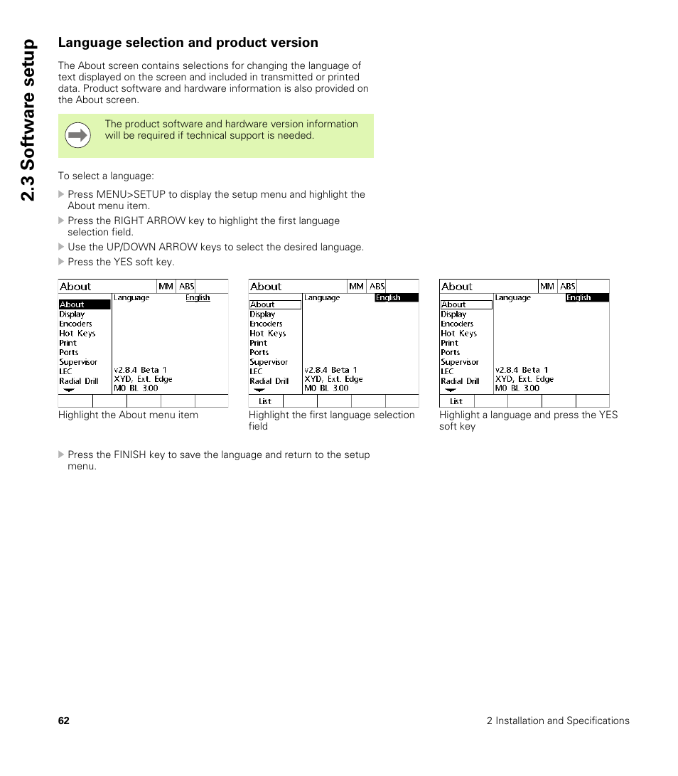 Language selection and product version, 3 sof tw a re set u p | HEIDENHAIN ND 1200R User Manual | Page 62 / 98