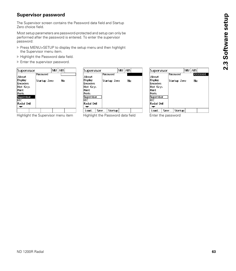 Supervisor password, 3 sof tw a re set u p | HEIDENHAIN ND 1200R User Manual | Page 63 / 98