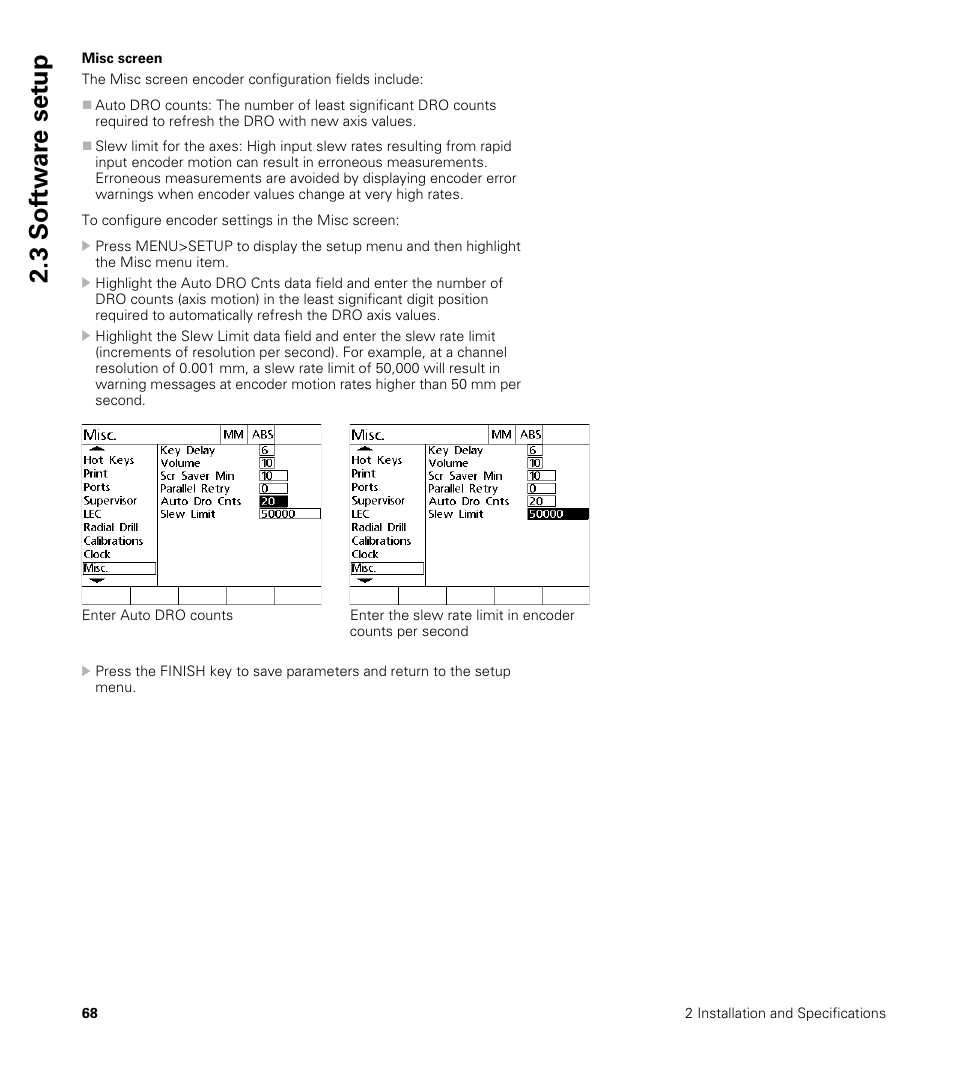 Misc screen, 3 sof tw a re set u p | HEIDENHAIN ND 1200R User Manual | Page 68 / 98