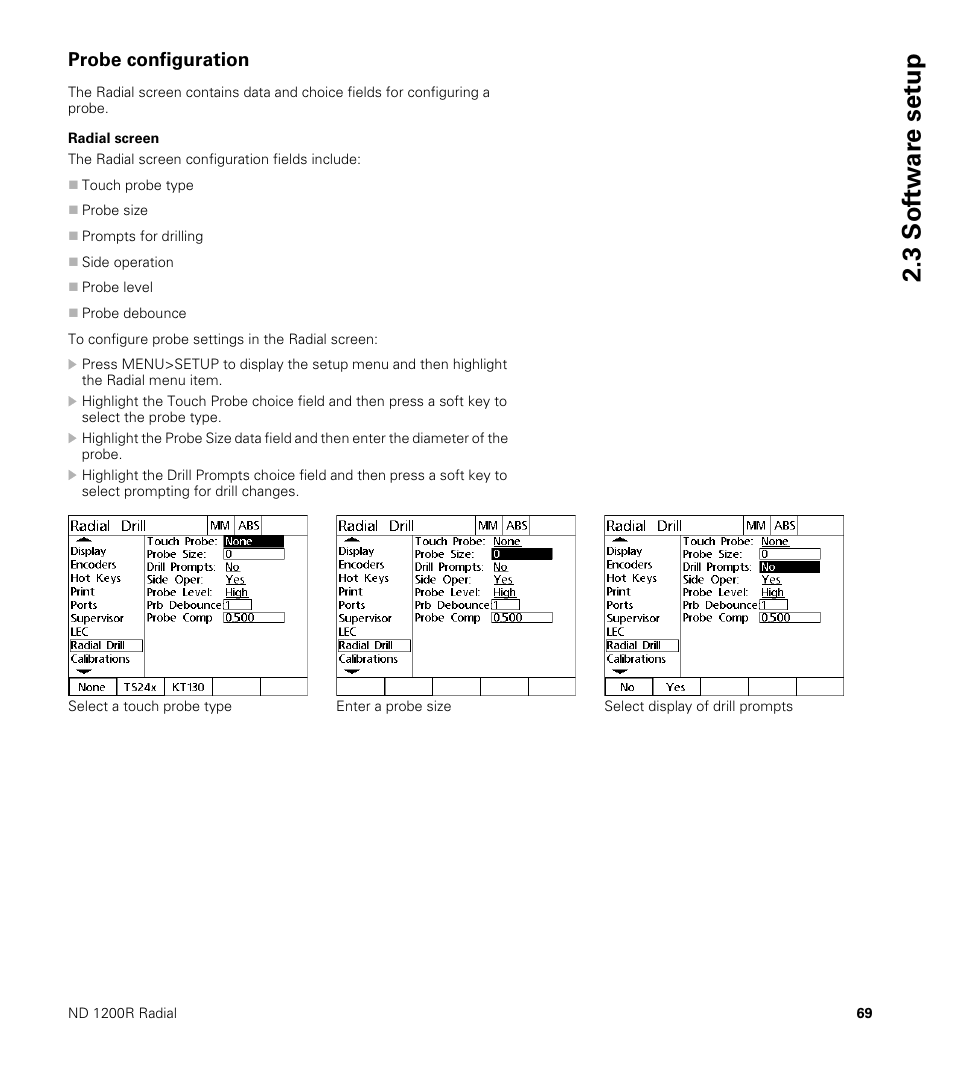 Probe configuration, Radial screen, 3 sof tw a re set u p | HEIDENHAIN ND 1200R User Manual | Page 69 / 98