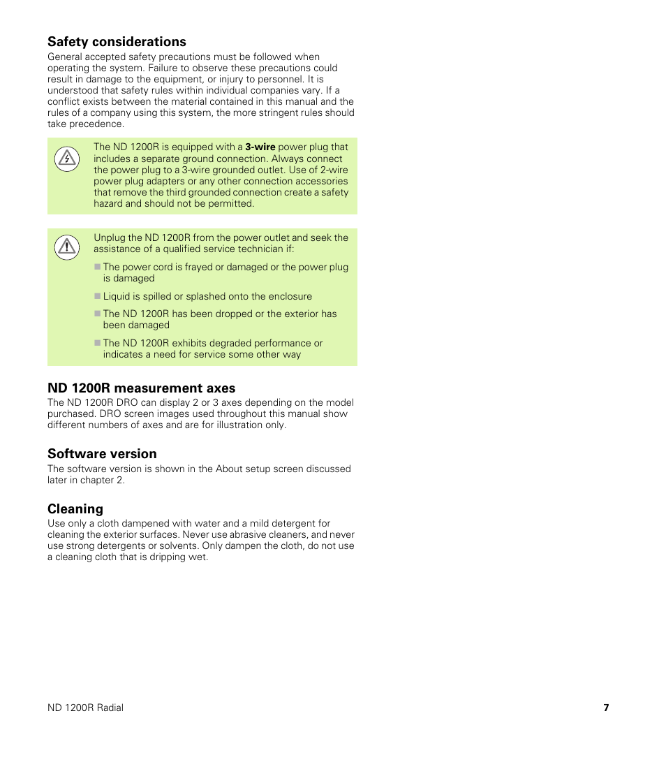 Safety considerations, Nd 1200r measurement axes, Software version | Cleaning | HEIDENHAIN ND 1200R User Manual | Page 7 / 98