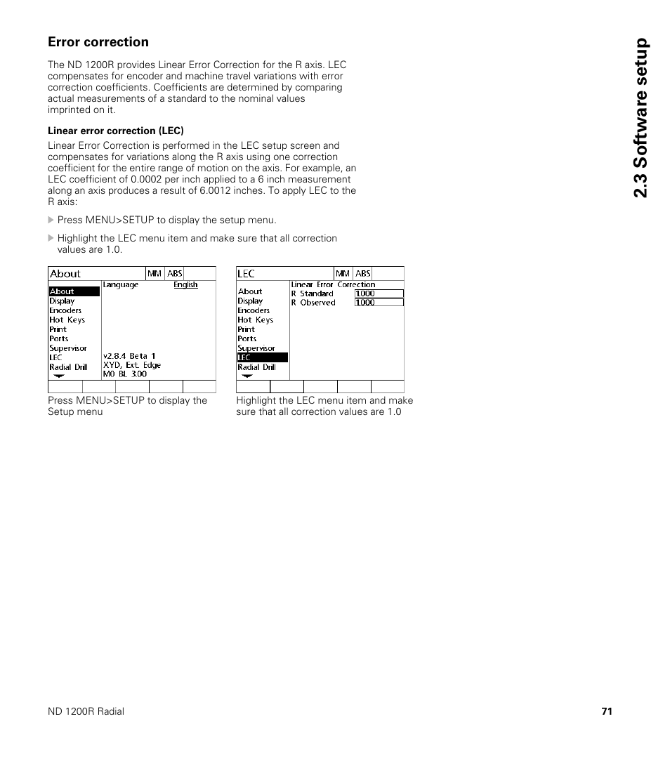 Error correction, Linear error correction (lec), 3 sof tw a re set u p | HEIDENHAIN ND 1200R User Manual | Page 71 / 98