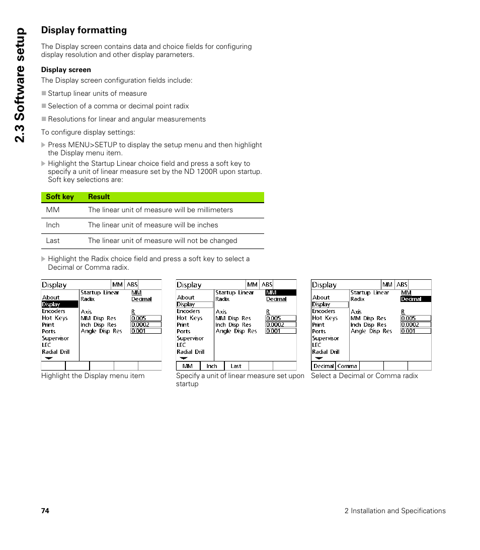 Display formatting, Display screen, 3 sof tw a re set u p | HEIDENHAIN ND 1200R User Manual | Page 74 / 98